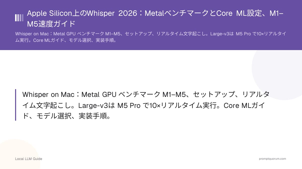 Apple Silicon上のWhisper 2026:MetalベンチマークとCore ML設定、M1–M5速度ガイド