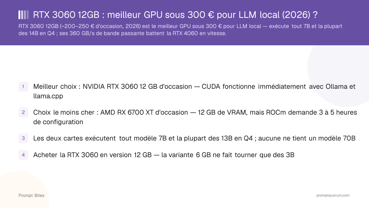RTX 3060 12GB : meilleur GPU sous 300 € pour LLM local (2026) ?