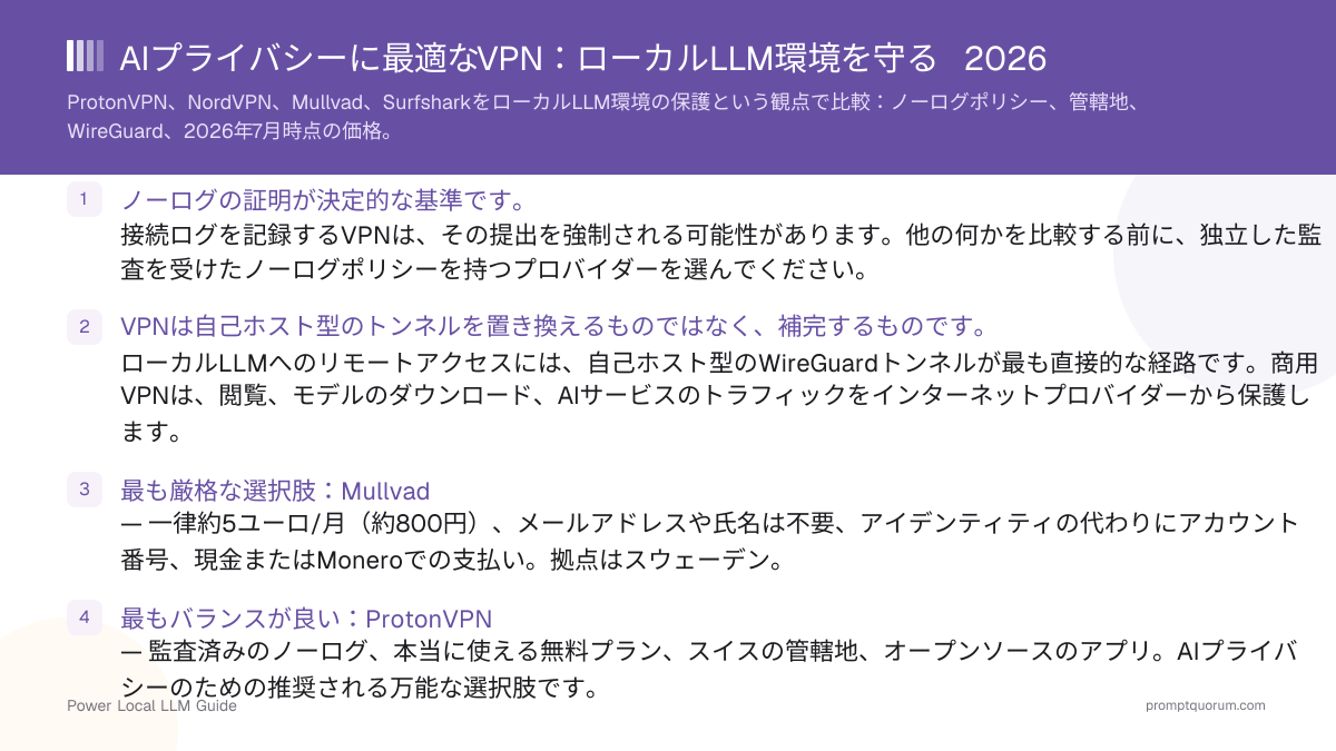 AIプライバシーに最適なVPN:ローカルLLM環境を守る 2026