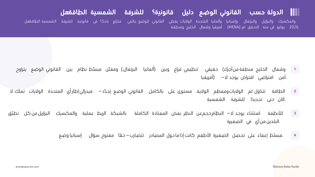هل الطاقة الشمسية للشرفة قانونية؟ دليل الوضع القانوني حسب الدولة