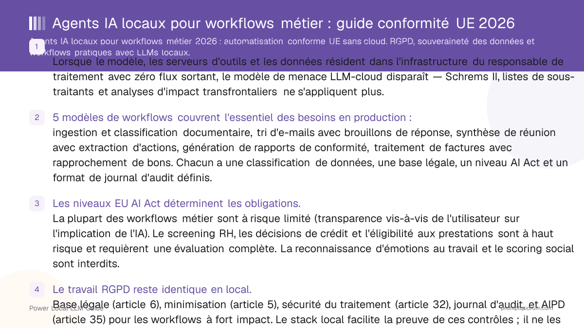 Agents IA locaux pour workflows métier : guide conformité UE 2026
