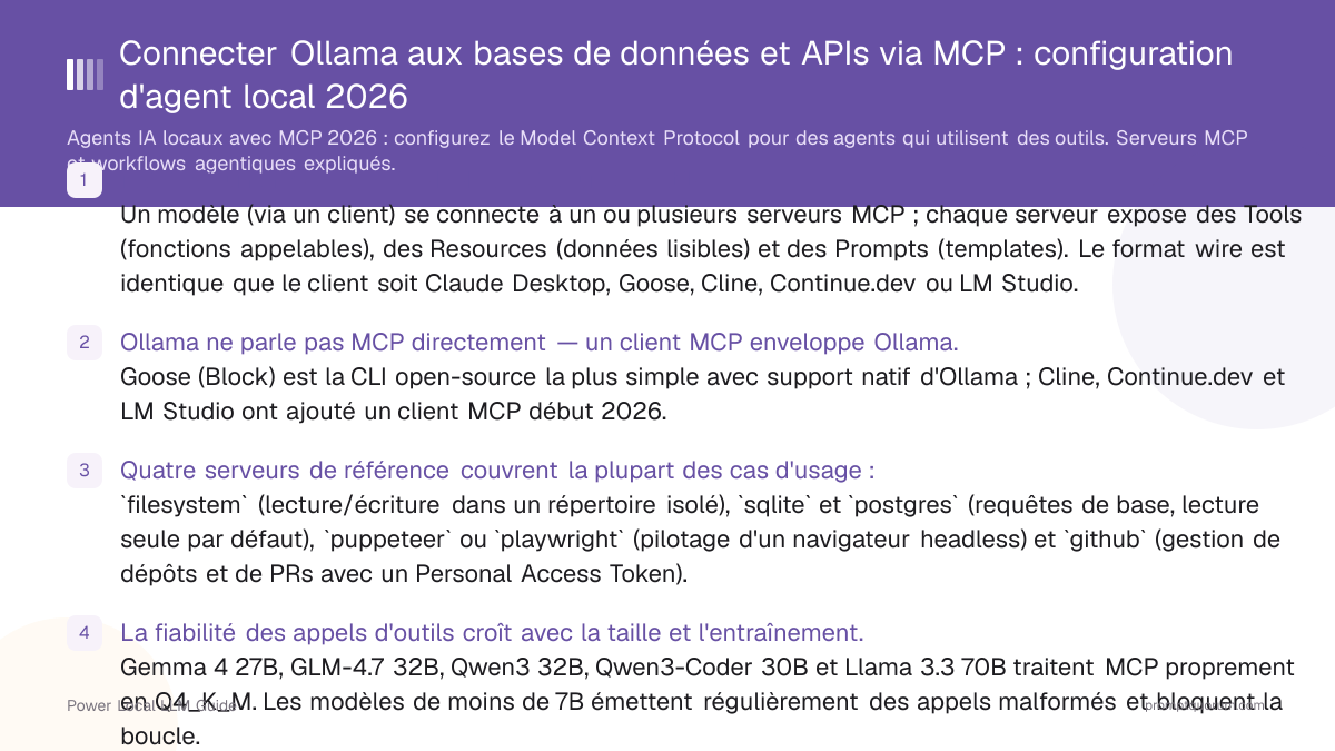 Connecter Ollama aux bases de données et APIs via MCP : configuration d'agent local 2026