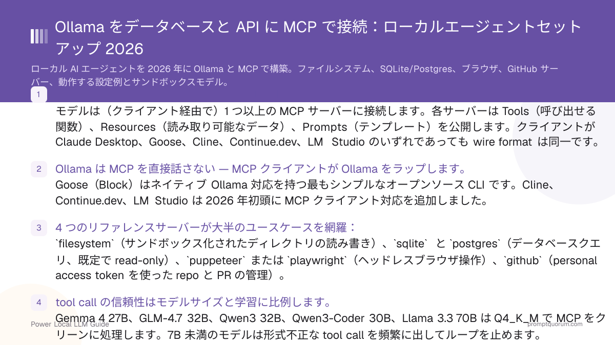 Ollama をデータベースと API に MCP で接続:ローカルエージェントセットアップ 2026