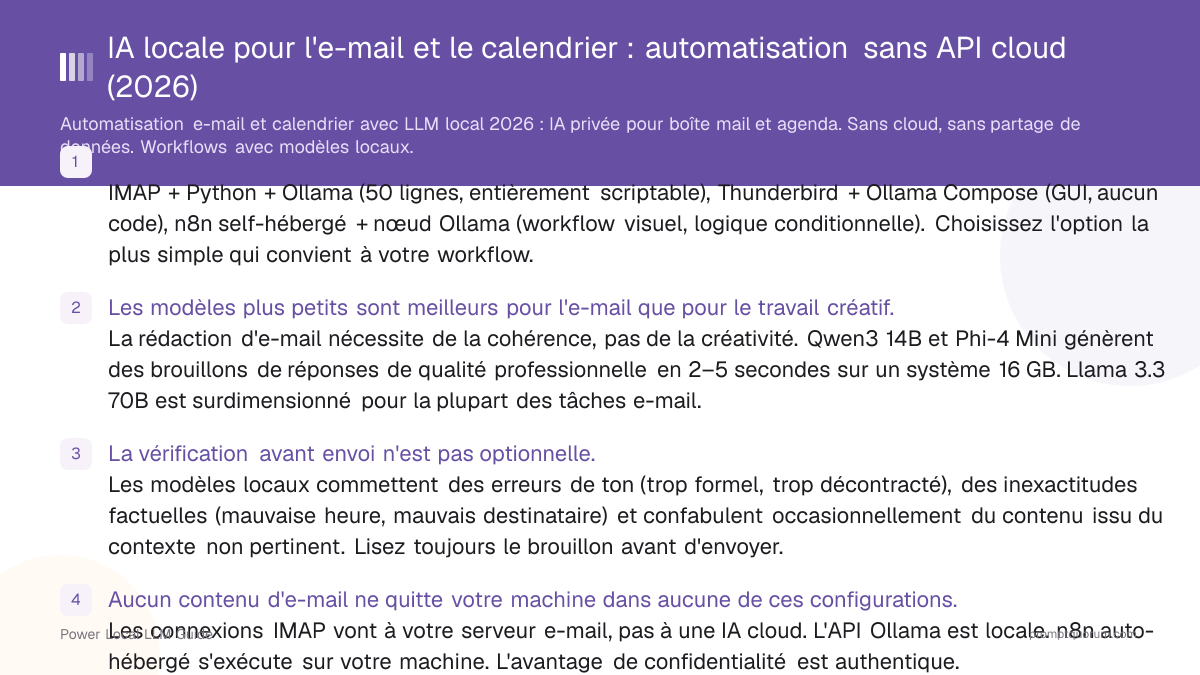 IA locale pour l'e-mail et le calendrier : automatisation sans API cloud (2026)