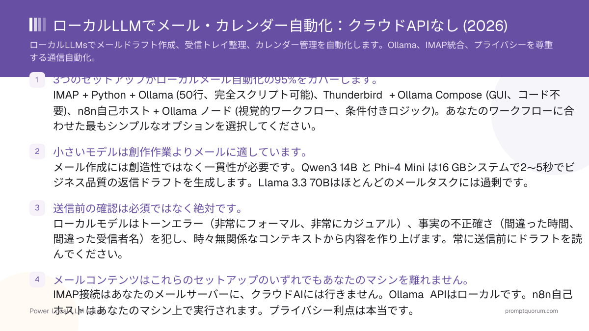 ローカルLLMでメール・カレンダー自動化:クラウドAPIなし (2026)