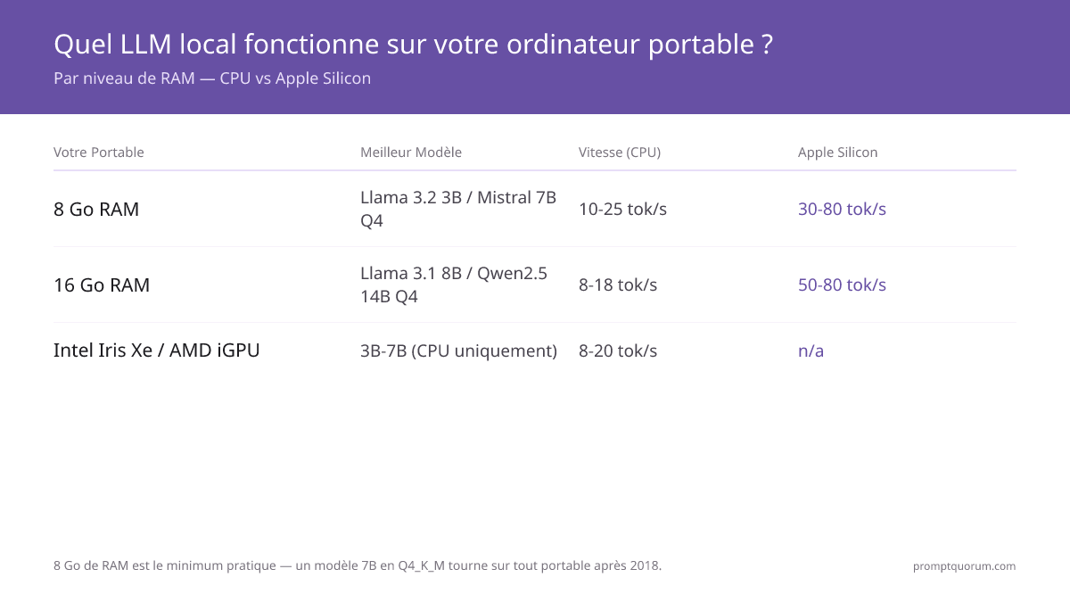 LLM local sur ordinateur portable : ce qui tourne sur 8 Go, 16 Go et Apple Silicon (2026)