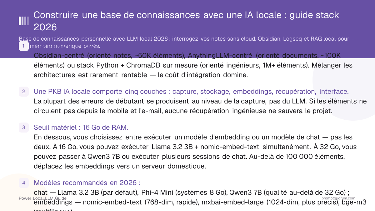 Construire une base de connaissances avec une IA locale : guide stack 2026