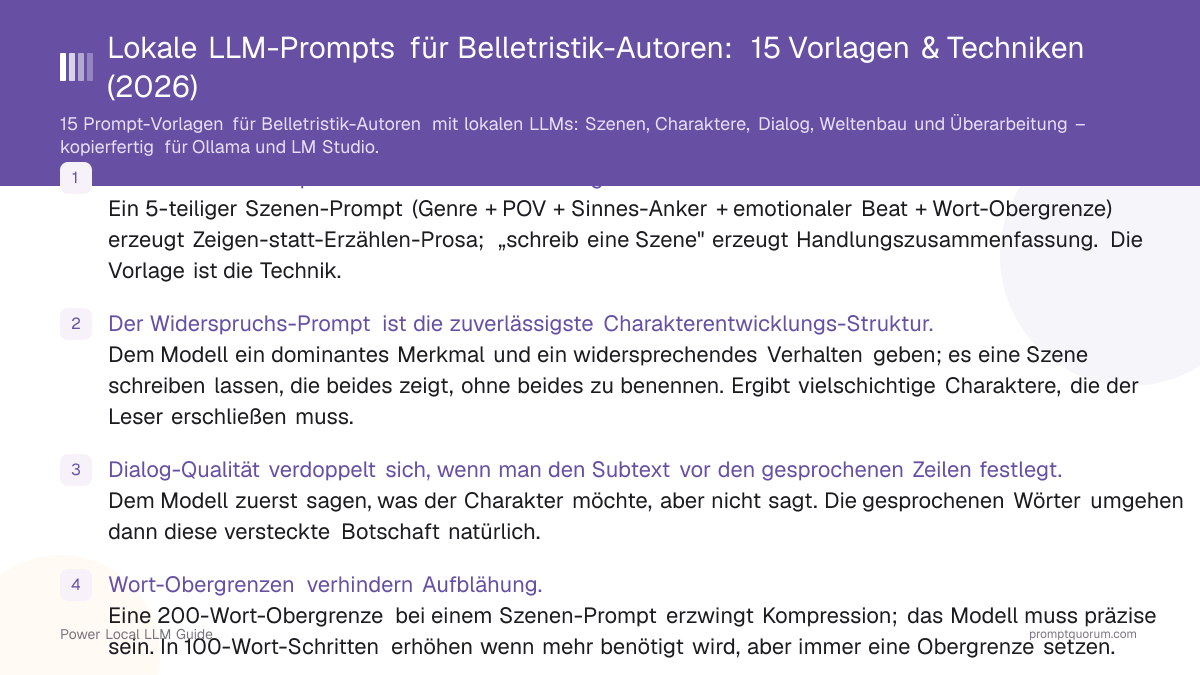 Lokale LLM-Prompts für Belletristik-Autoren: 15 Vorlagen & Techniken (2026)