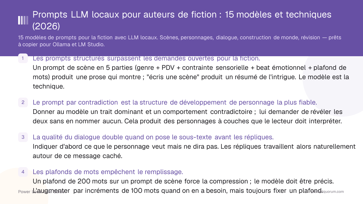 Prompts LLM locaux pour auteurs de fiction : 15 modèles et techniques (2026)