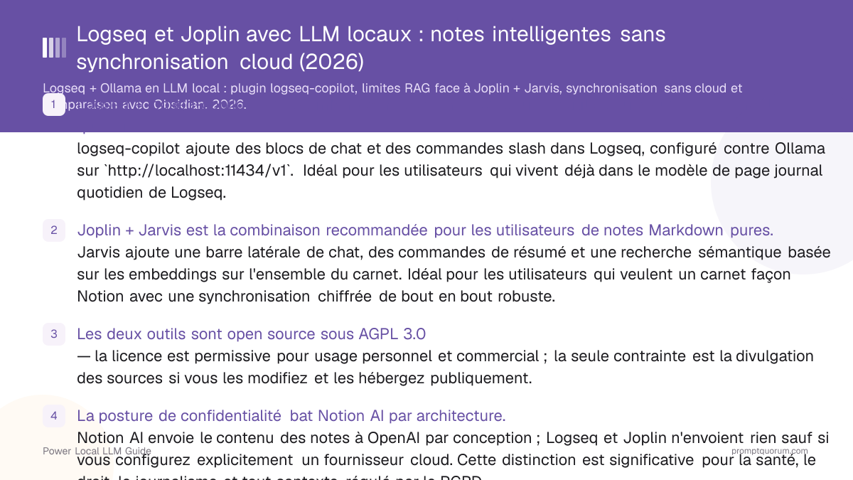 Logseq et Joplin avec LLM locaux : notes intelligentes sans synchronisation cloud (2026)