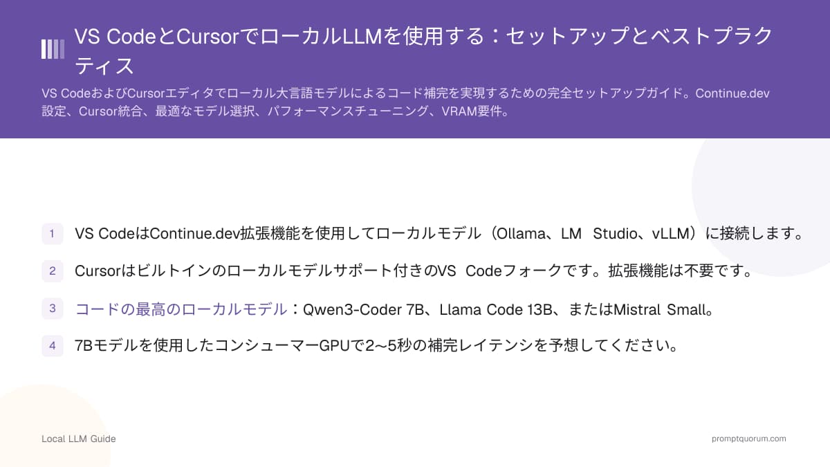 VS CodeとCursorでローカルLLMを使用する:セットアップとベストプラクティス