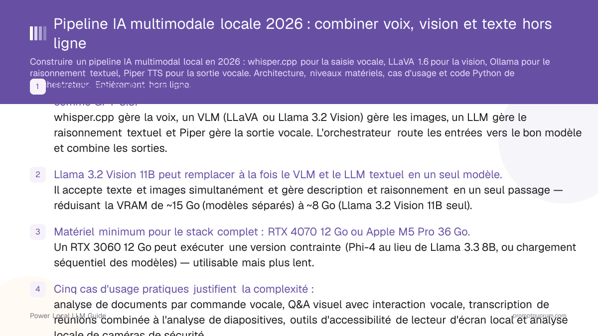 Pipeline IA multimodale locale 2026 : combiner voix, vision et texte hors ligne