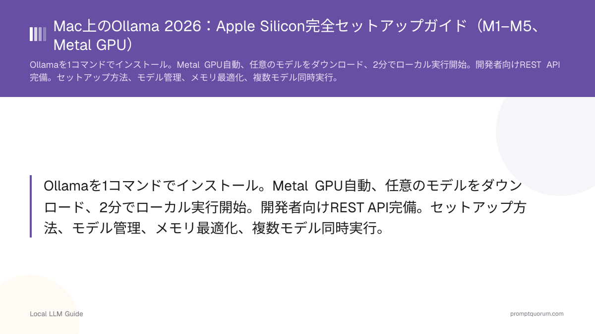 Mac上のOllama 2026:Apple Silicon完全セットアップガイド(M1–M5、Metal GPU)
