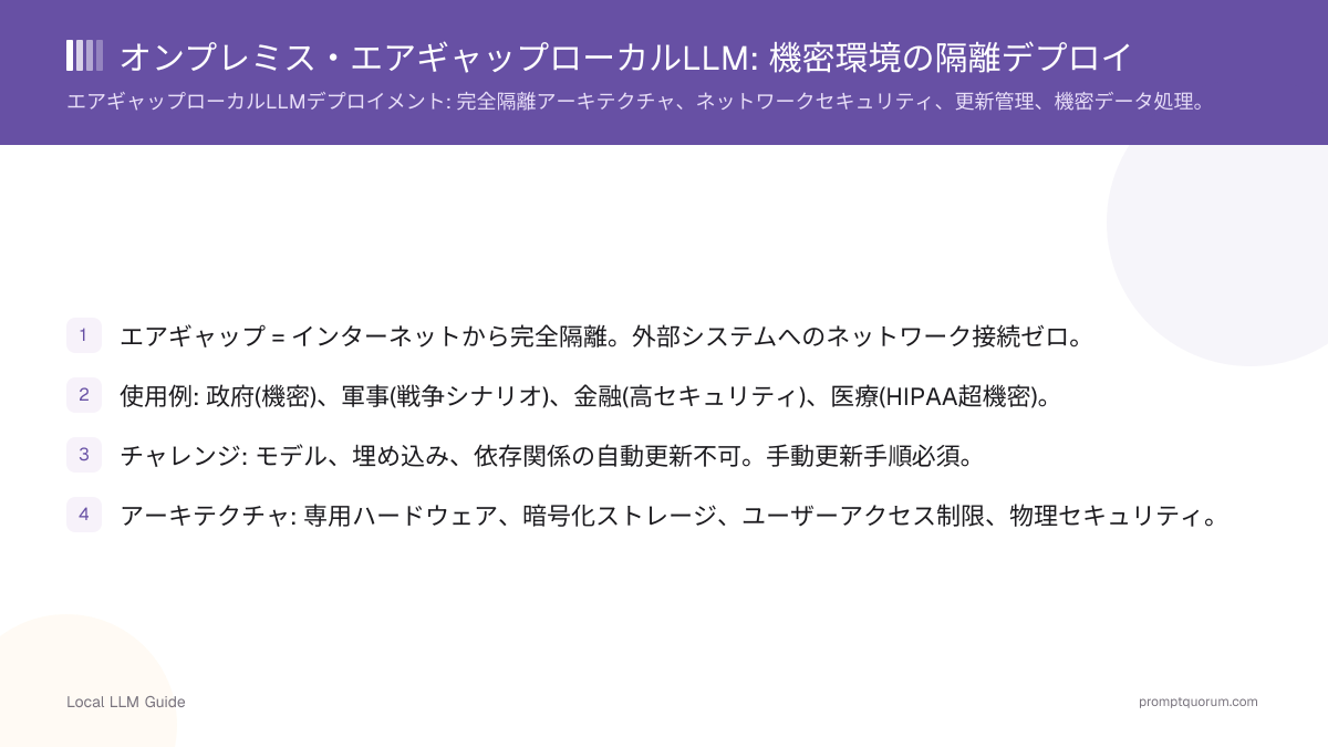 オンプレミス・エアギャップローカルLLM: 機密環境の隔離デプロイ