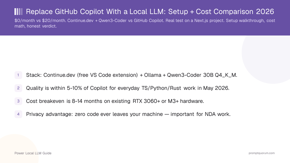 Replace GitHub Copilot With a Local LLM: Setup + Cost Comparison 2026