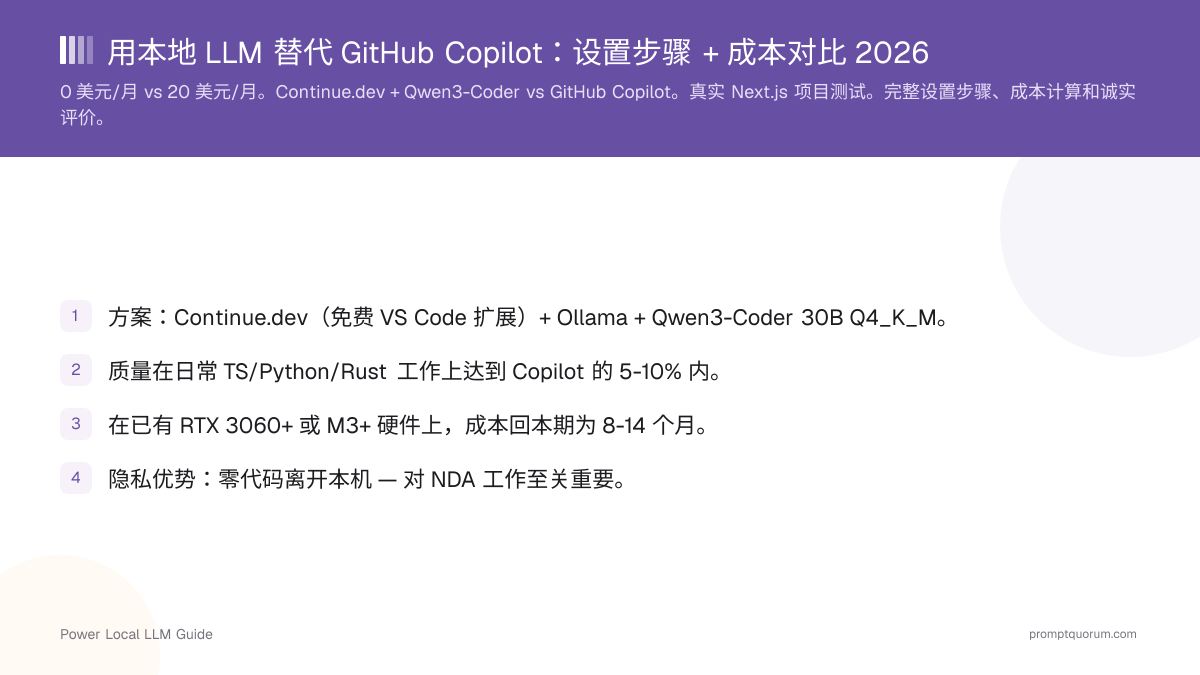 用本地 LLM 替代 GitHub Copilot:设置步骤 + 成本对比 2026