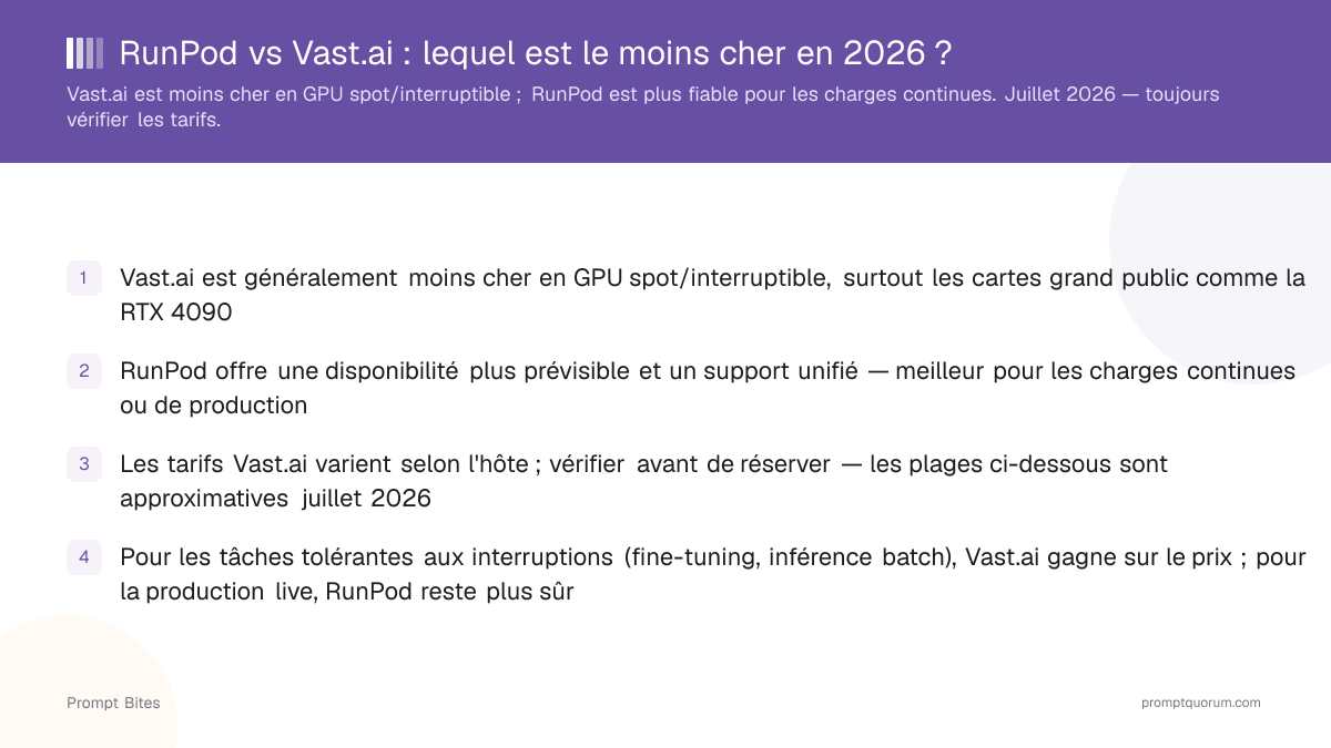 RunPod vs Vast.ai : lequel est le moins cher en 2026 ?