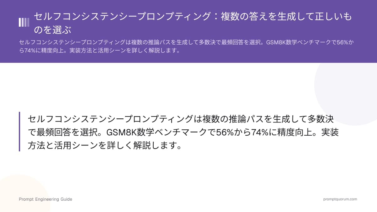 セルフコンシステンシープロンプティング:複数の答えを生成して正しいものを選ぶ