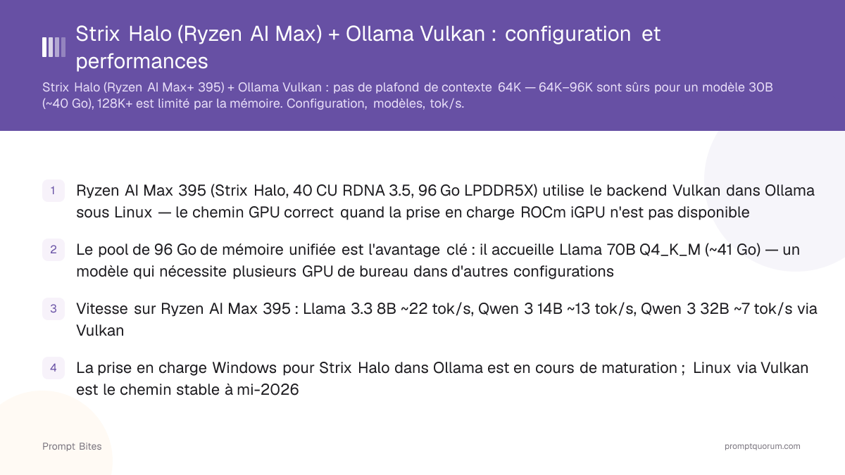 Strix Halo (Ryzen AI Max) + Ollama Vulkan : configuration et performances