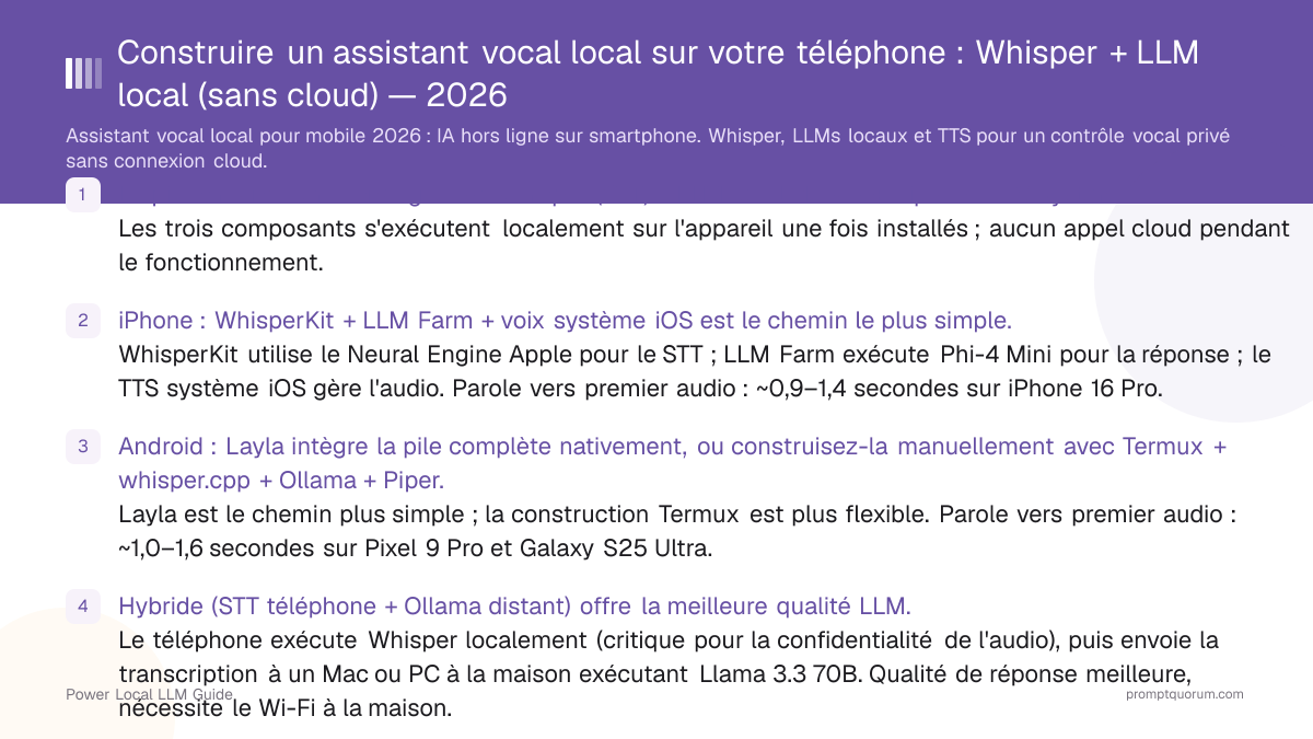 Construire un assistant vocal local sur votre téléphone : Whisper + LLM local (sans cloud) — 2026