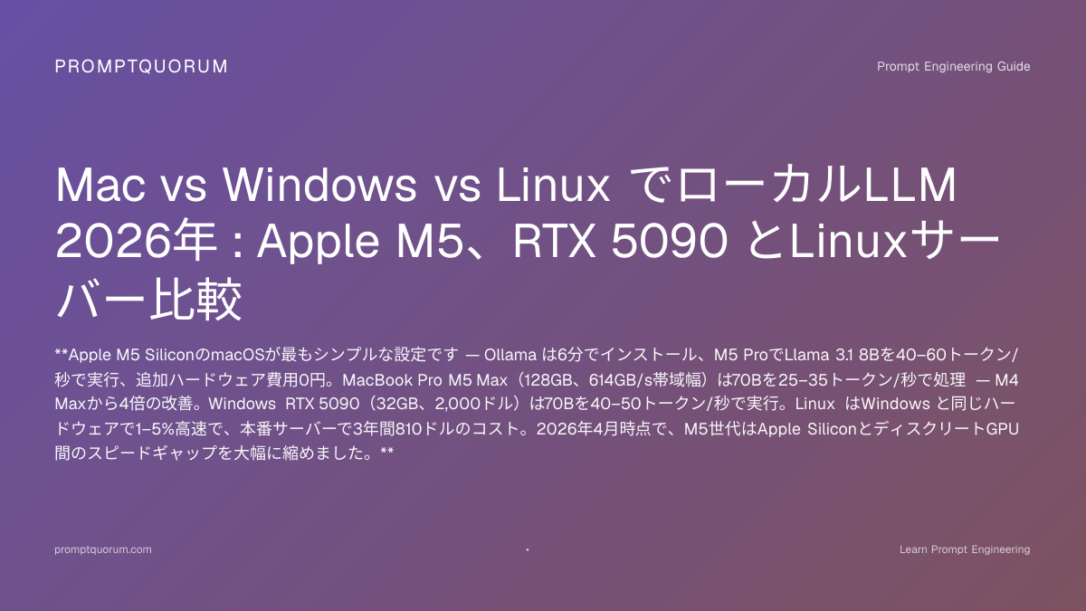 Mac vs Windows vs Linux ローカルLLM 2026年 : M5 vs RTX 5090