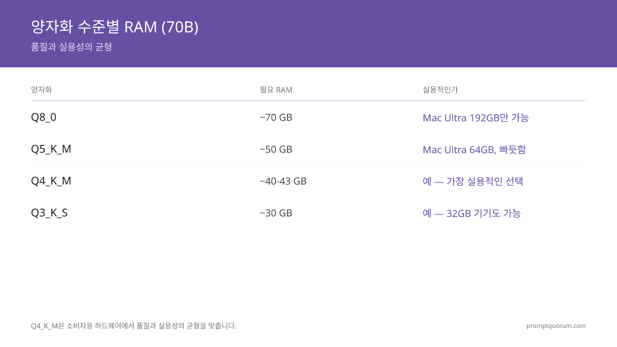 양자화 트레이드오프 곡선: Q4_K_M (권장)은 40~43GB RAM이 필요하며 FP16 대비 1~3%의 품질 손실만 발생하여 소비자 하드웨어에서 실용성과 성능의 균형을 이룹니다.