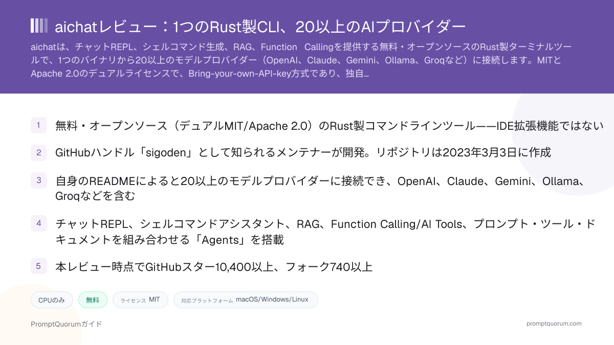 aichatレビュー:1つのRust製CLI、20以上のAIプロバイダー