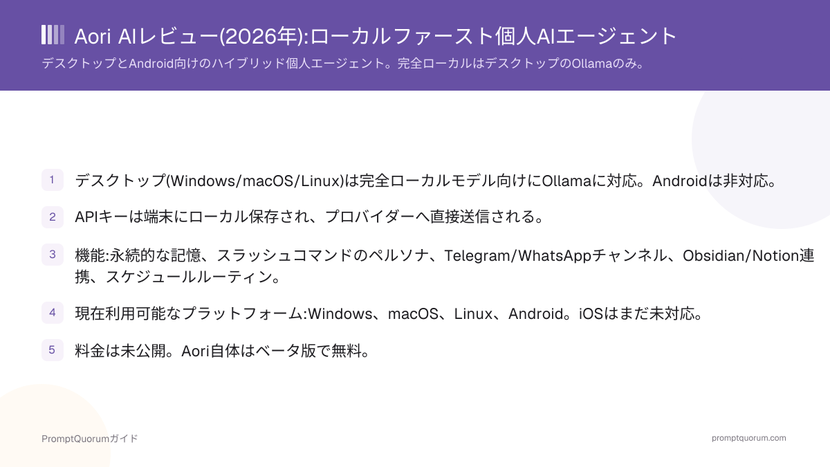Aori AIレビュー(2026年):デスクトップとモバイル対応のローカルファースト個人向けAIエージェント