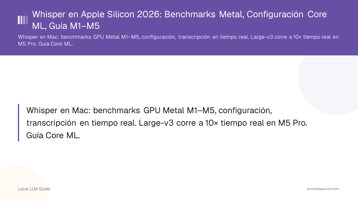 Whisper en Apple Silicon 2026: Benchmarks Metal, Configuración Core ML, Guía M1–M5