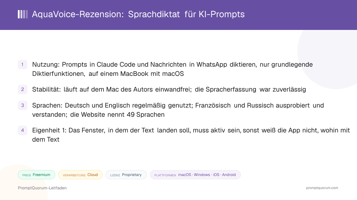 AquaVoice-Rezension: Sprachdiktat für KI-Prompts
