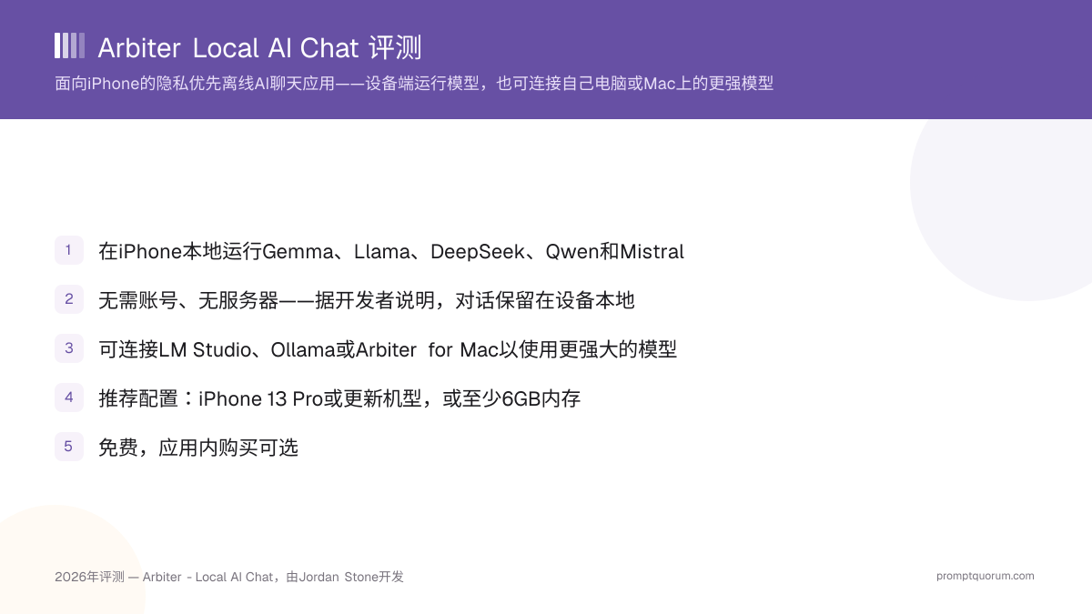 Arbiter Local AI Chat 评测(2026):iPhone 隐私离线 AI 应用