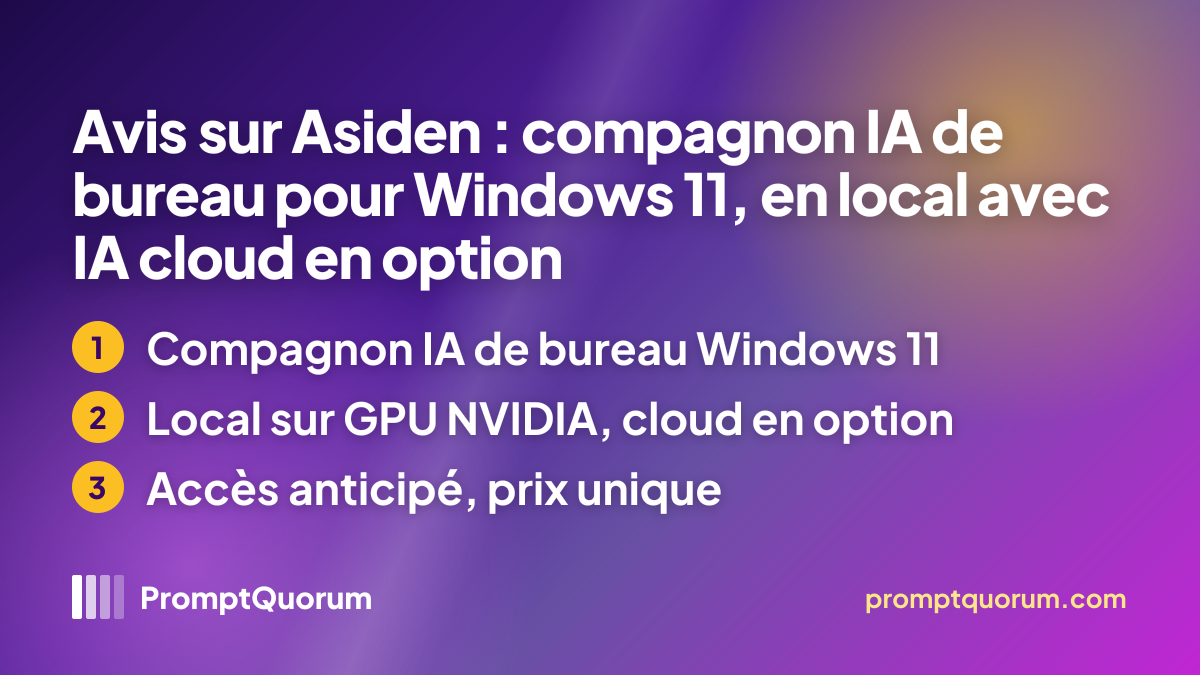 Avis sur Asiden : compagnon IA de bureau pour Windows 11, en local avec IA cloud en option