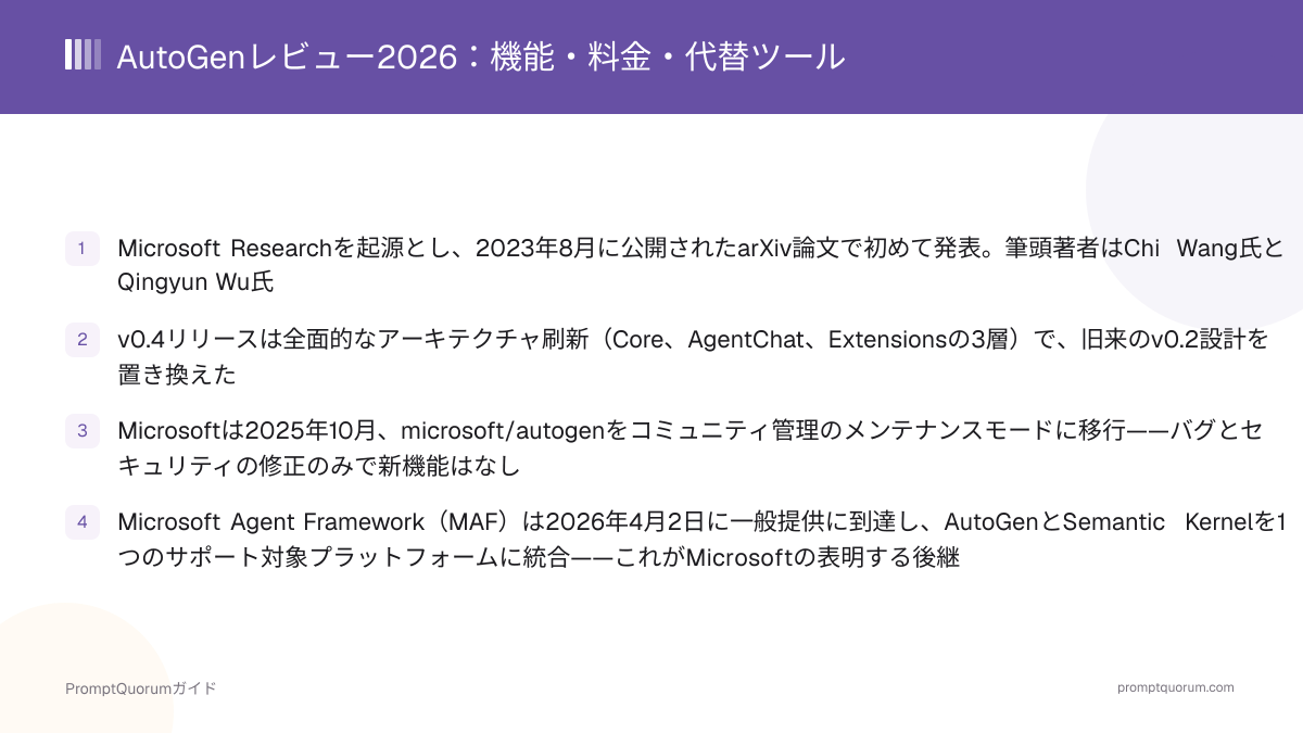 AutoGenレビュー2026:メンテナンスモードとAG2フォーク