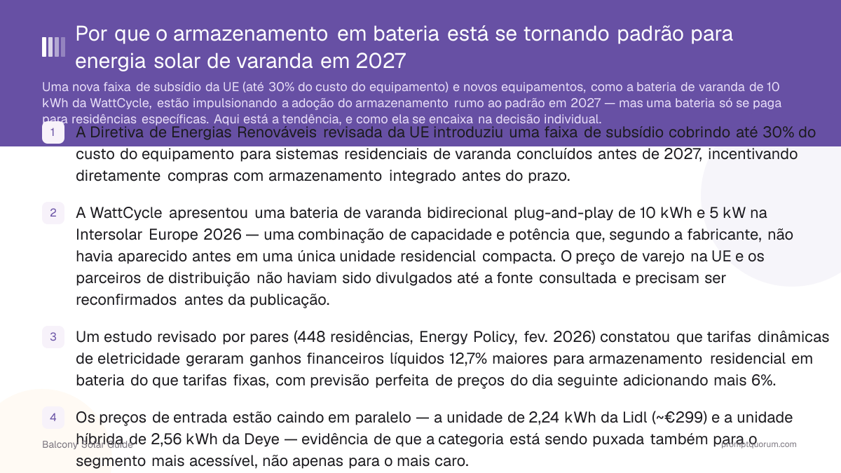 Por que o armazenamento em bateria está se tornando padrão para energia solar de varanda em 2027