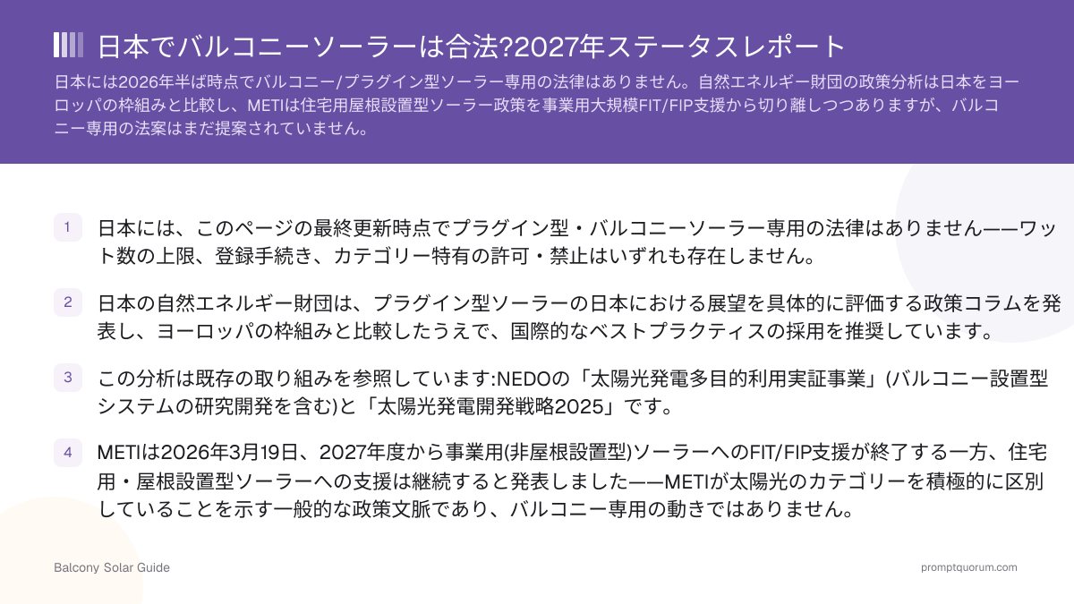 日本でバルコニーソーラーは合法?2027年ステータスレポート