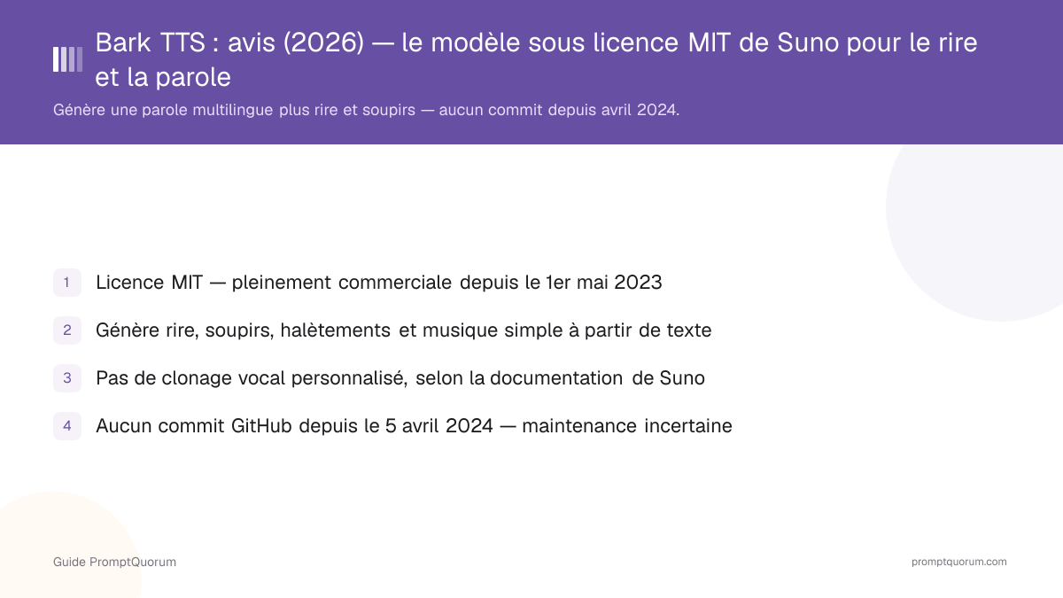 Bark TTS : avis (2026) — le modèle sous licence MIT de Suno pour le rire, les soupirs et la parole