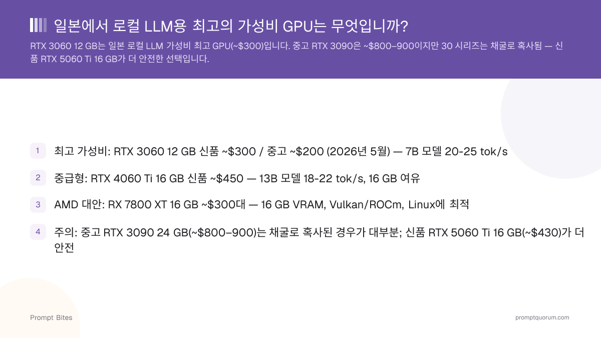 일본에서 로컬 LLM용 최고의 가성비 GPU는 무엇입니까?