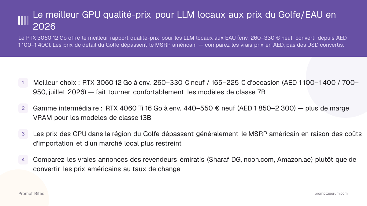 Le meilleur GPU qualité-prix pour LLM locaux aux prix du Golfe/EAU en 2026