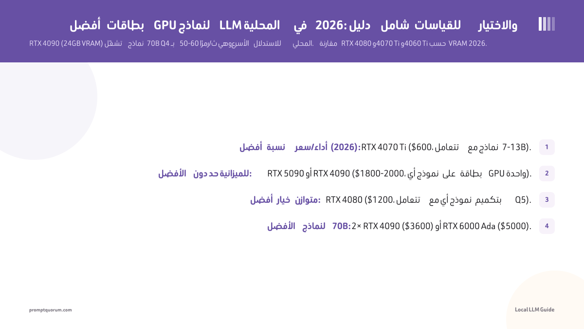 أفضل بطاقات GPU لنماذج LLM المحلية في 2026: دليل شامل للقياسات والاختيار