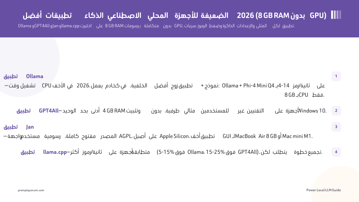 أفضل تطبيقات الذكاء الاصطناعي المحلي للأجهزة الضعيفة 2026 (8 GB RAM بدون GPU)