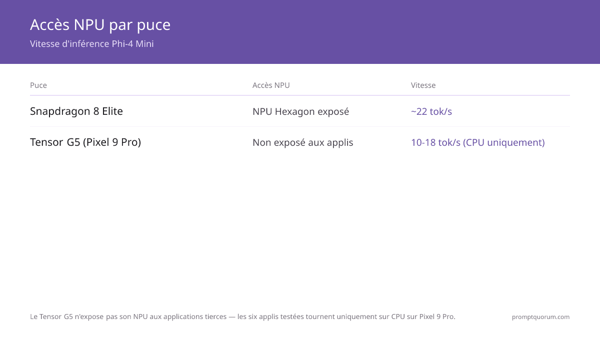 Le NPU Hexagon exposé du Snapdragon 8 Elite fait tourner Phi-4 Mini à 22 tok/sec ; le chemin CPU seul du Tensor G5 atteint 10-18.