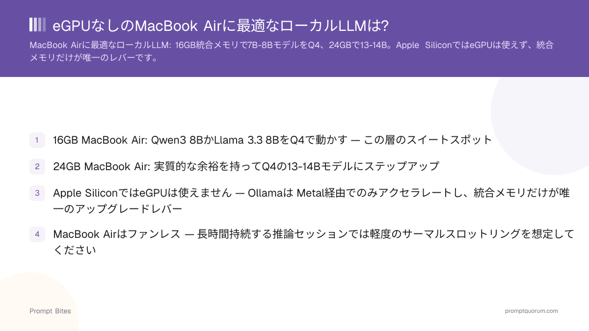2026年版 eGPUなしのMacBook Airに最適なローカルLLM構成