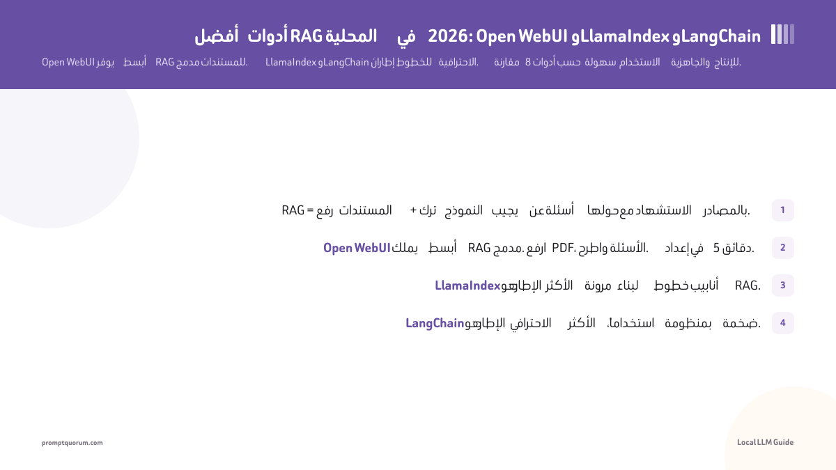 أفضل أدوات RAG المحلية في 2026: Open WebUI وLlamaIndex وLangChain
