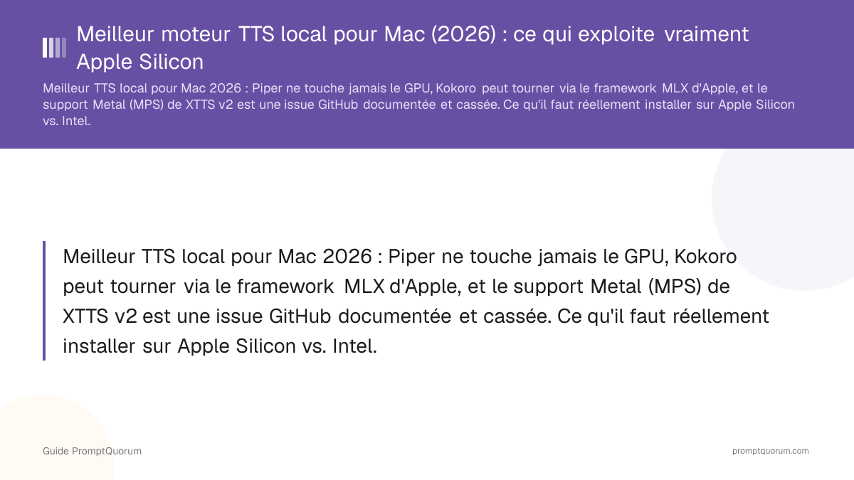 Meilleur moteur TTS local pour Mac (2026) : ce qui utilise vraiment Apple Silicon