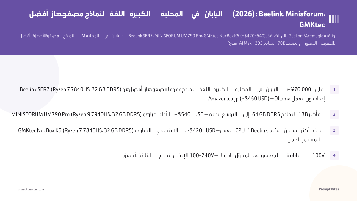 أفضل جهاز مصغر لنماذج اللغة الكبيرة المحلية في اليابان (2026): Beelink، Minisforum، GMKtec