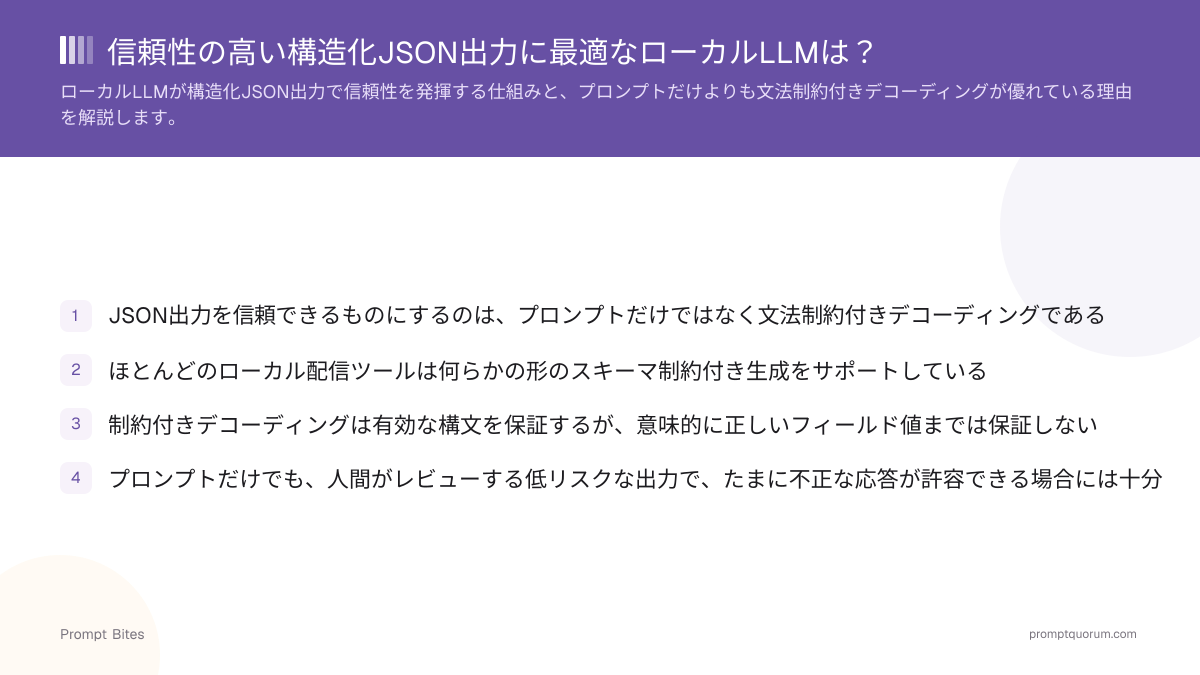 信頼性の高い構造化JSON出力に最適なローカルLLMは?