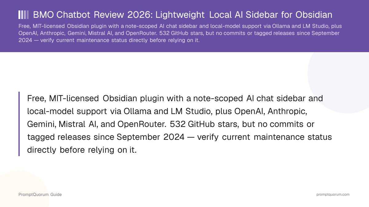 BMO Chatbot Review 2026: Lightweight Local AI Sidebar for Obsidian