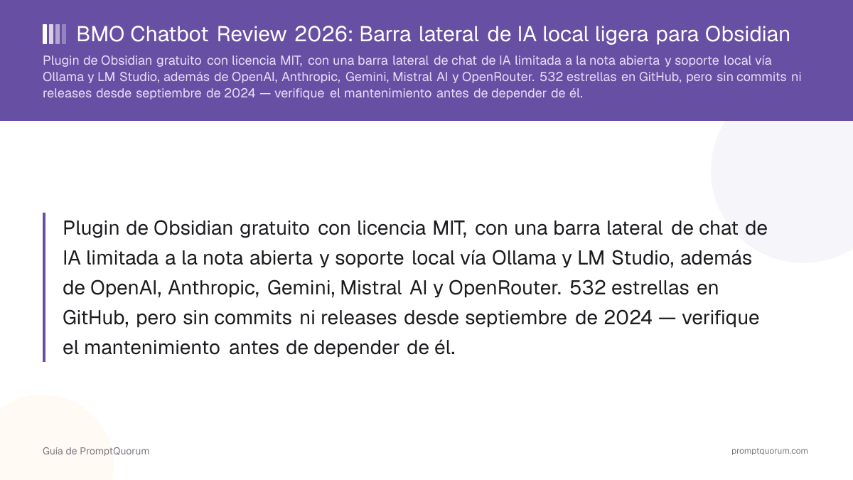 BMO Chatbot Review 2026: Barra lateral de IA local ligera para Obsidian