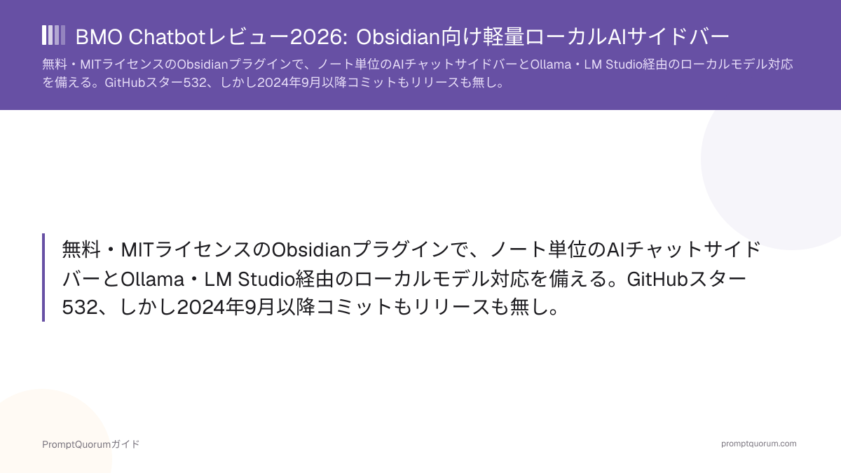 BMO Chatbotレビュー2026: Obsidian向け軽量ローカルAIサイドバー