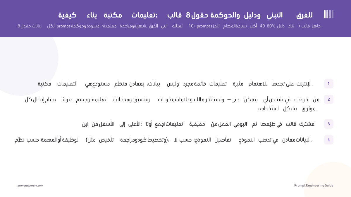 كيفية بناء مكتبة تعليمات: قالب 8 حقول والحوكمة ودليل التبني للفرق